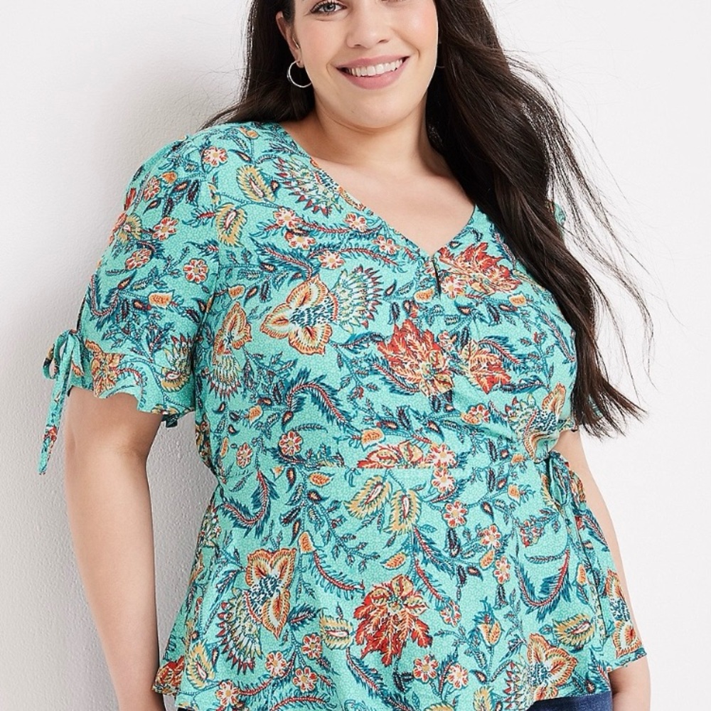 NWT Maurices Plus Size Floral Wrap Tie Peplum Top Teal Orange Size 2X